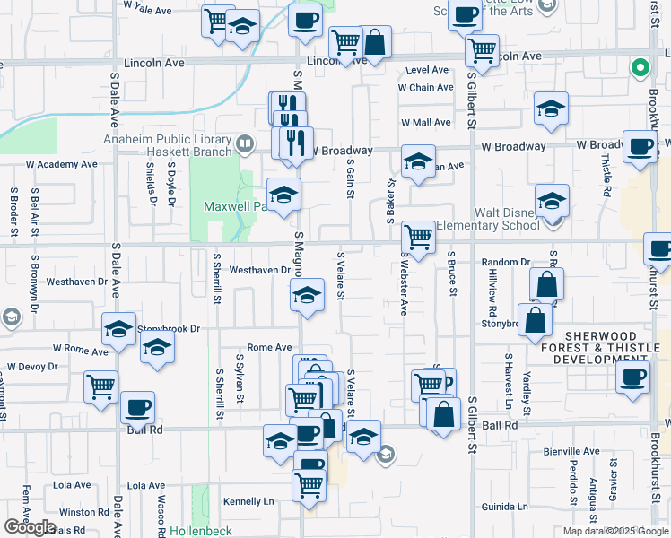 map of restaurants, bars, coffee shops, grocery stores, and more near 638 South Velare Street in Anaheim