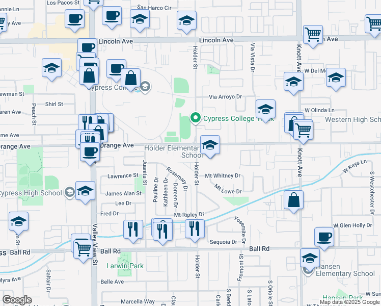 map of restaurants, bars, coffee shops, grocery stores, and more near 6471 Casa Verde Drive in Cypress