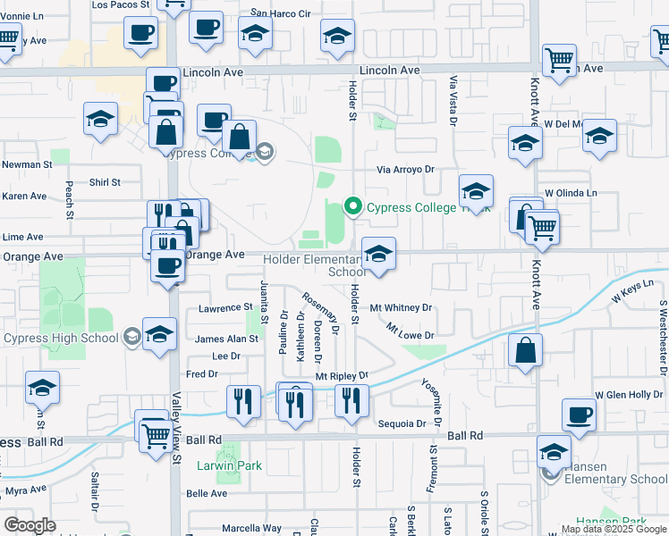 map of restaurants, bars, coffee shops, grocery stores, and more near 6471 Casa Verde Drive in Cypress