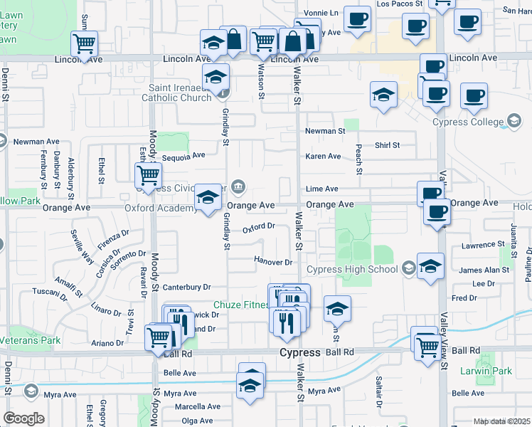 map of restaurants, bars, coffee shops, grocery stores, and more near 5359 Oxford Drive in Cypress
