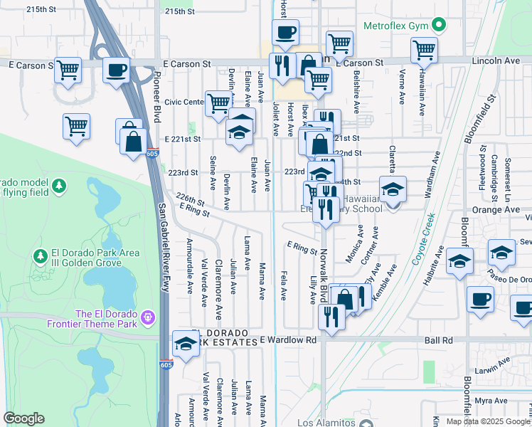 map of restaurants, bars, coffee shops, grocery stores, and more near 12030 226th Street in Hawaiian Gardens