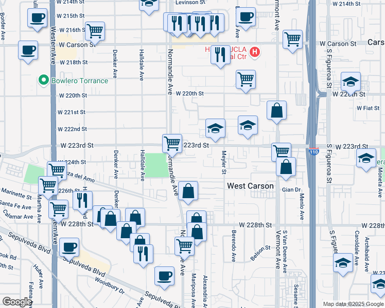 map of restaurants, bars, coffee shops, grocery stores, and more near 22333 Alexandria Avenue in Torrance