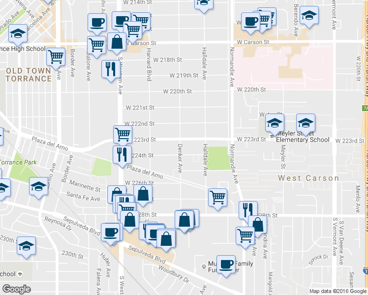 map of restaurants, bars, coffee shops, grocery stores, and more near 22328 Denker Avenue in Torrance