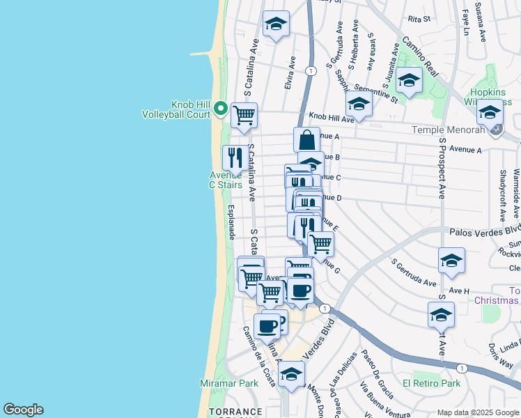 map of restaurants, bars, coffee shops, grocery stores, and more near 208 Avenue E in Redondo Beach
