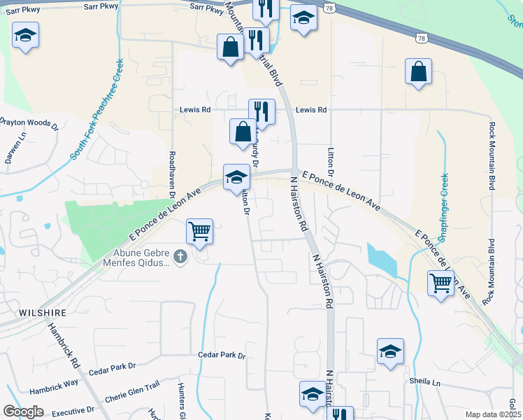 map of restaurants, bars, coffee shops, grocery stores, and more near 1468 Kilmuir Way in Stone Mountain