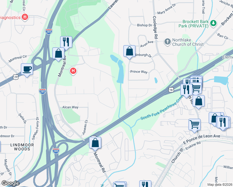 map of restaurants, bars, coffee shops, grocery stores, and more near 3598 Canadian Way in Tucker
