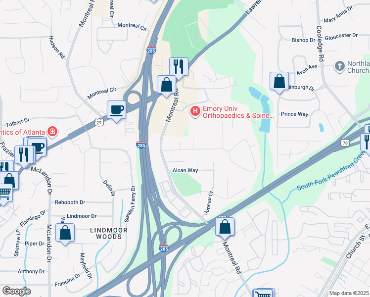 map of restaurants, bars, coffee shops, grocery stores, and more near 3421 Canadian Way in Tucker