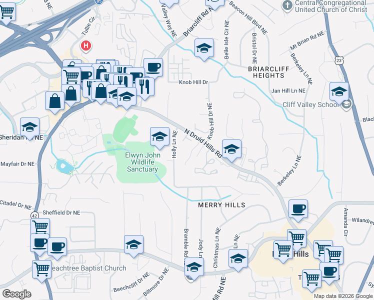 map of restaurants, bars, coffee shops, grocery stores, and more near 1464 Briaroaks Trail Northeast in Atlanta