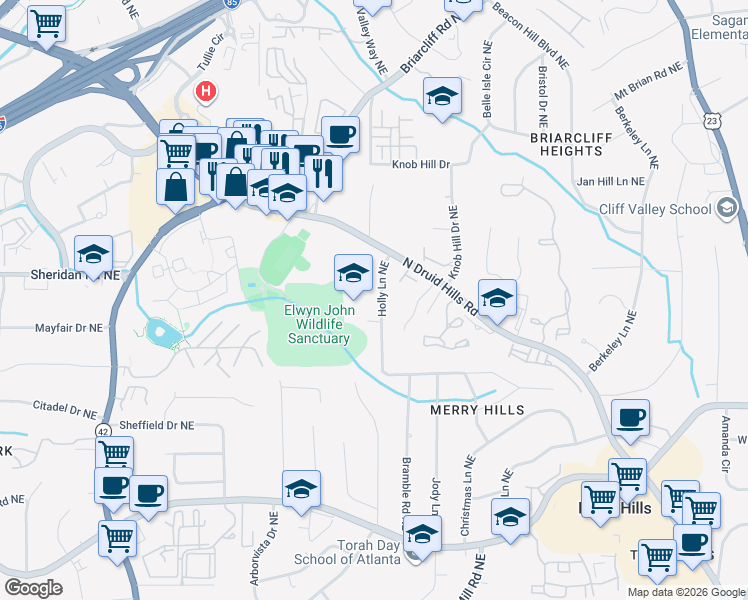map of restaurants, bars, coffee shops, grocery stores, and more near 1466 Holly Lane Northeast in Atlanta