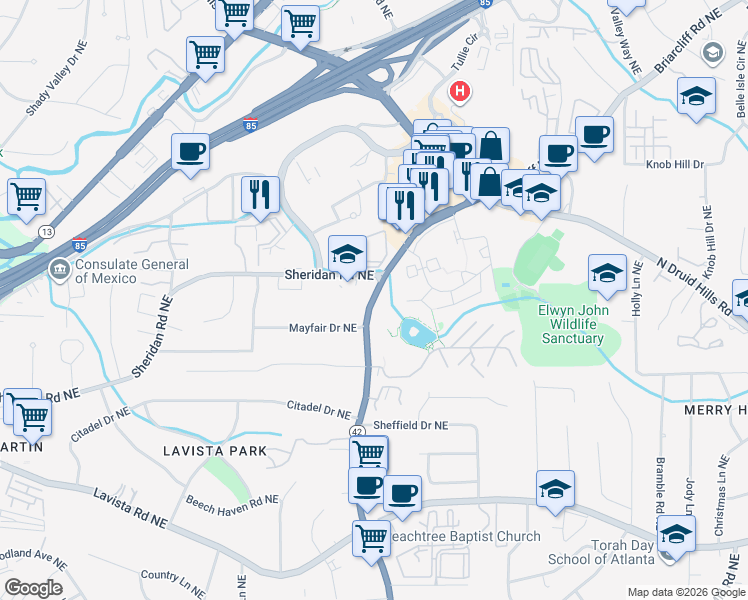 map of restaurants, bars, coffee shops, grocery stores, and more near 2351 Briarcliff Road Northeast in Atlanta