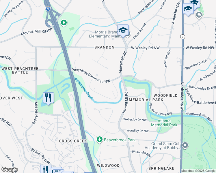 map of restaurants, bars, coffee shops, grocery stores, and more near 950 Peachtree Battle Avenue Northwest in Atlanta
