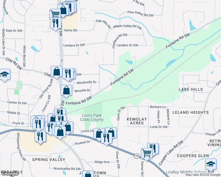map of restaurants, bars, coffee shops, grocery stores, and more near 491 Fontaine Road Southwest in Mableton