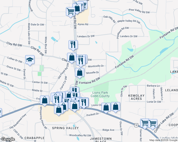 map of restaurants, bars, coffee shops, grocery stores, and more near 649 Moselle Drive in Mableton