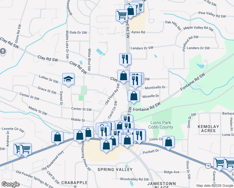 map of restaurants, bars, coffee shops, grocery stores, and more near 5349 Old Floyd Road Southwest in Mableton