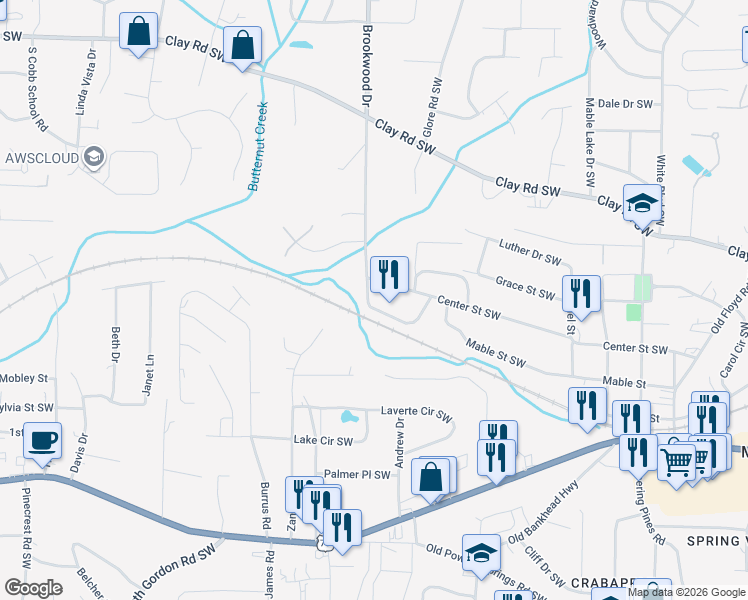 map of restaurants, bars, coffee shops, grocery stores, and more near 1336 Stella Circle Southwest in Mableton