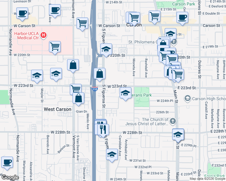 map of restaurants, bars, coffee shops, grocery stores, and more near 434 West 223rd Street in Carson