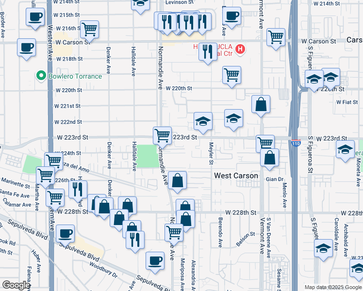 map of restaurants, bars, coffee shops, grocery stores, and more near 22333 Alexandria Avenue in Torrance