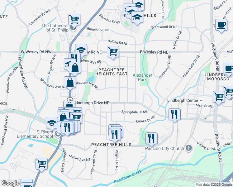 map of restaurants, bars, coffee shops, grocery stores, and more near 2520 Brookwood Drive Northeast in Atlanta
