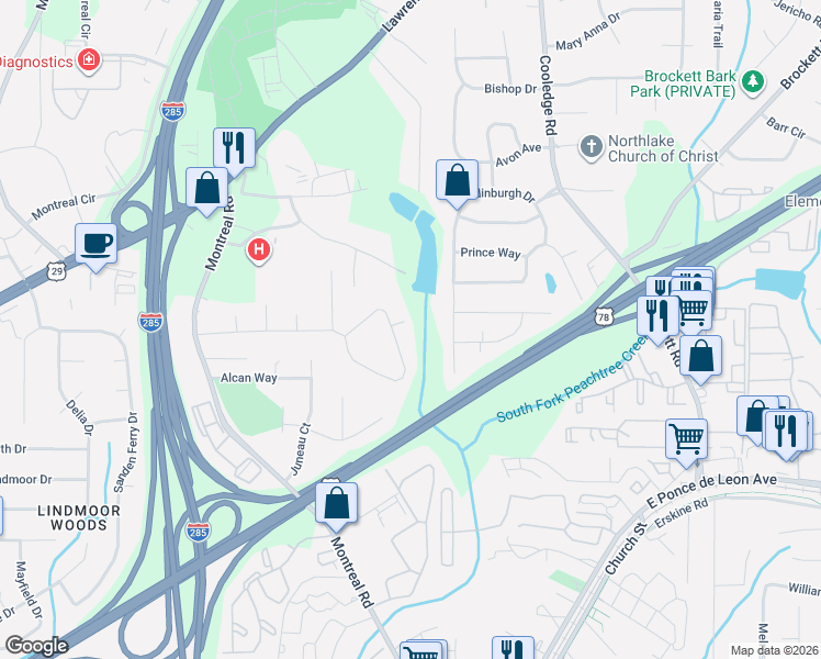 map of restaurants, bars, coffee shops, grocery stores, and more near 3598 Canadian Way in Tucker