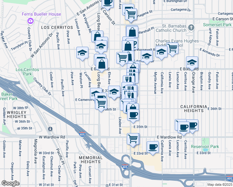 map of restaurants, bars, coffee shops, grocery stores, and more near 3695 Linden Avenue in Long Beach
