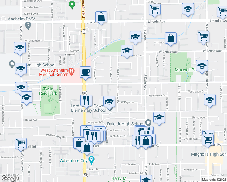 map of restaurants, bars, coffee shops, grocery stores, and more near 2914 Rogers Court in Anaheim