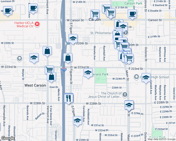 map of restaurants, bars, coffee shops, grocery stores, and more near 330 West 223rd Street in Carson