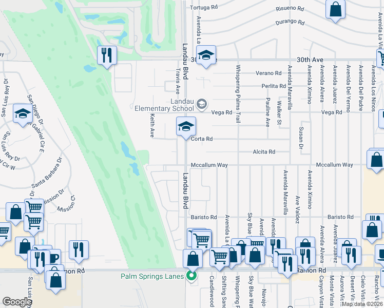 map of restaurants, bars, coffee shops, grocery stores, and more near 30800 Landau Boulevard in Cathedral City