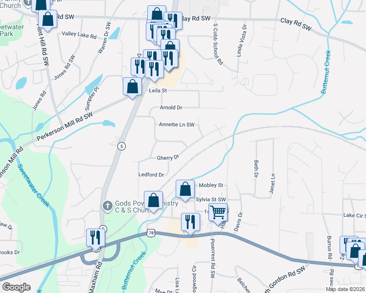 map of restaurants, bars, coffee shops, grocery stores, and more near 1915 Gherry Drive in Austell