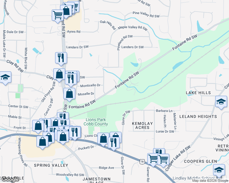 map of restaurants, bars, coffee shops, grocery stores, and more near 491 Fontaine Road Southwest in Mableton