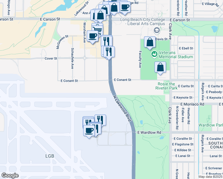 map of restaurants, bars, coffee shops, grocery stores, and more near 3645 North Lakewood Boulevard in Long Beach