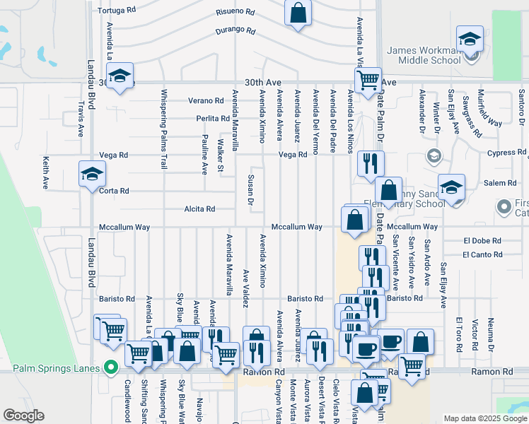map of restaurants, bars, coffee shops, grocery stores, and more near Avenida Ximino in Cathedral City