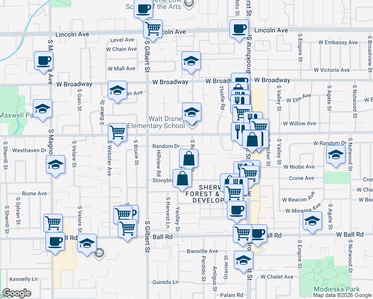 map of restaurants, bars, coffee shops, grocery stores, and more near 9692 Random Drive in Anaheim