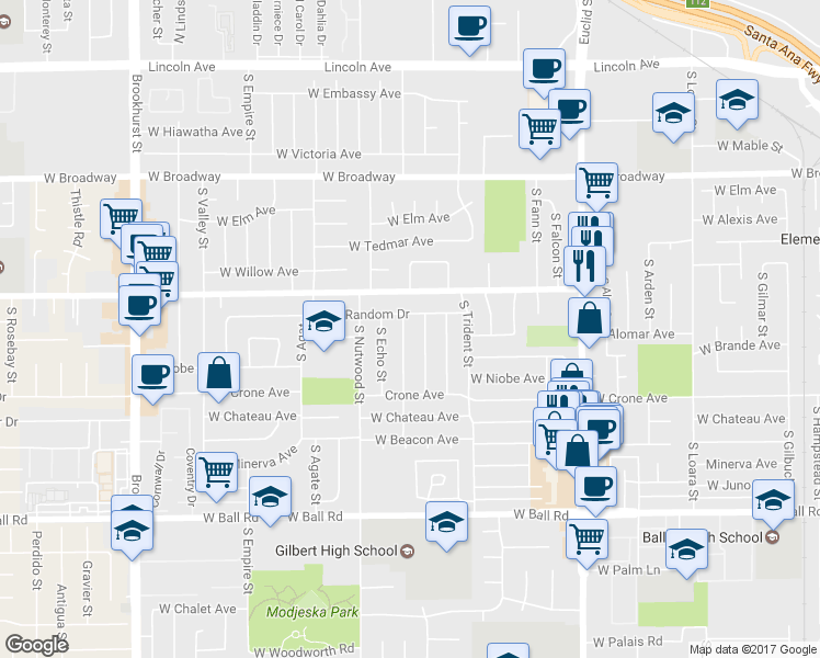 map of restaurants, bars, coffee shops, grocery stores, and more near 628 South Broadview Street in Anaheim