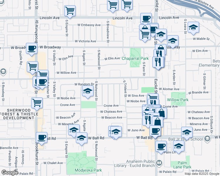map of restaurants, bars, coffee shops, grocery stores, and more near 628 South Broadview Street in Anaheim