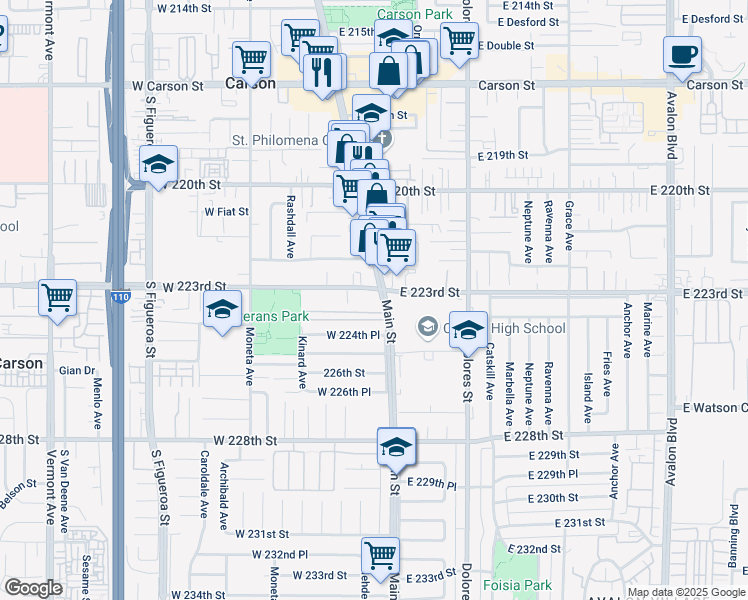 map of restaurants, bars, coffee shops, grocery stores, and more near 22325 South Main Street in Carson