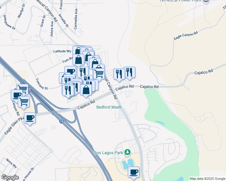 map of restaurants, bars, coffee shops, grocery stores, and more near Cajalco Road & Temescal Canyon Road in Corona