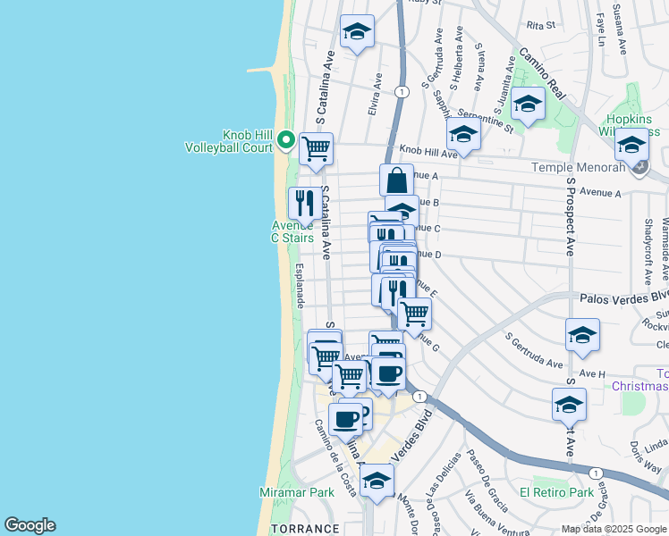 map of restaurants, bars, coffee shops, grocery stores, and more near 209 Avenue E in Redondo Beach