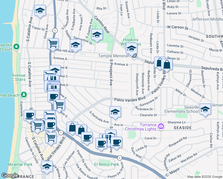 map of restaurants, bars, coffee shops, grocery stores, and more near South Prospect Avenue & Avenue D in Redondo Beach