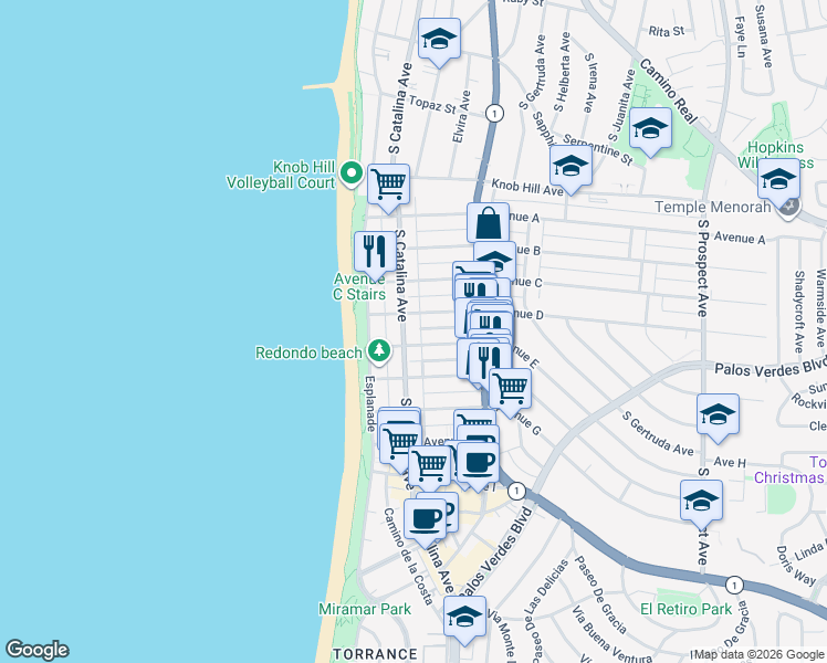 map of restaurants, bars, coffee shops, grocery stores, and more near 1206 South Catalina Avenue in Redondo Beach