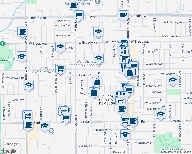 map of restaurants, bars, coffee shops, grocery stores, and more near 9692 Random Drive in Anaheim