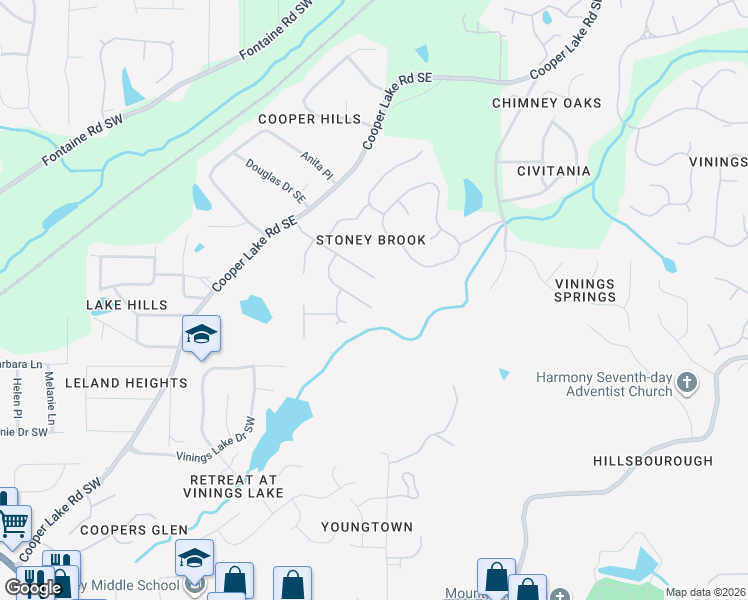 map of restaurants, bars, coffee shops, grocery stores, and more near 255 Saint Martins Drive Southeast in Mableton