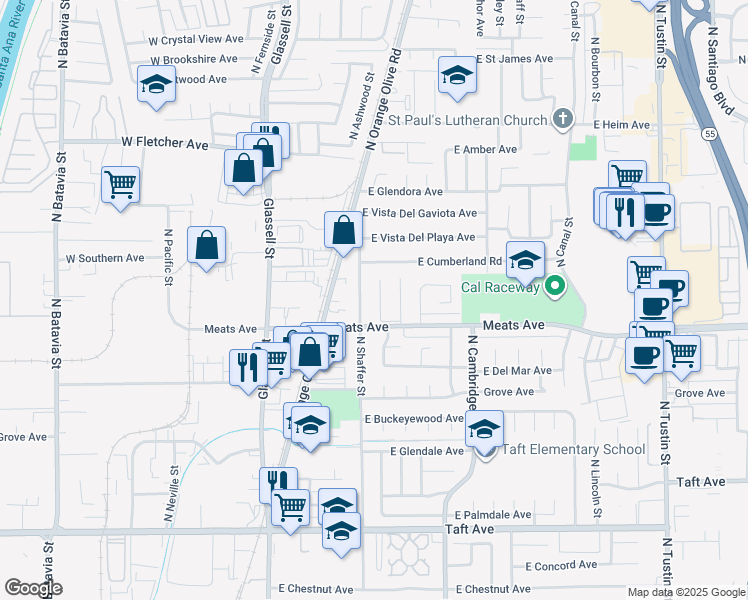 map of restaurants, bars, coffee shops, grocery stores, and more near 2152 North Cleveland Street in Orange