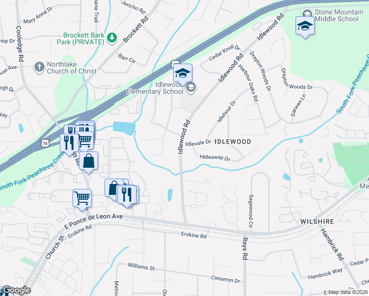 map of restaurants, bars, coffee shops, grocery stores, and more near 1382 Idlewood Road in Tucker