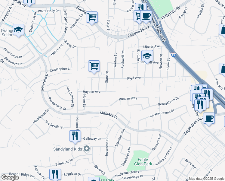 map of restaurants, bars, coffee shops, grocery stores, and more near 7066 Hayden Avenue in Corona