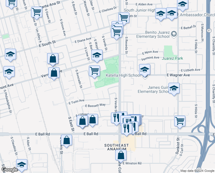 map of restaurants, bars, coffee shops, grocery stores, and more near 1905 East Cortney Way in Anaheim