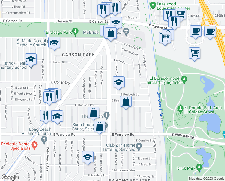 map of restaurants, bars, coffee shops, grocery stores, and more near 3638 North Studebaker Road in Long Beach