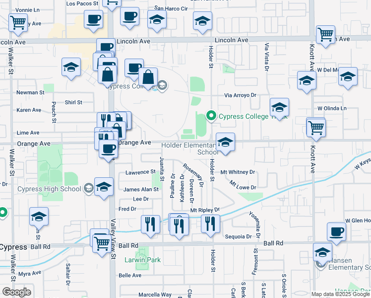 map of restaurants, bars, coffee shops, grocery stores, and more near 6344 Orange Avenue in Cypress