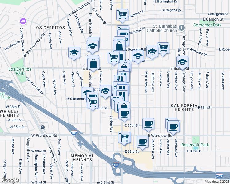 map of restaurants, bars, coffee shops, grocery stores, and more near 3654 Linden Avenue in Long Beach