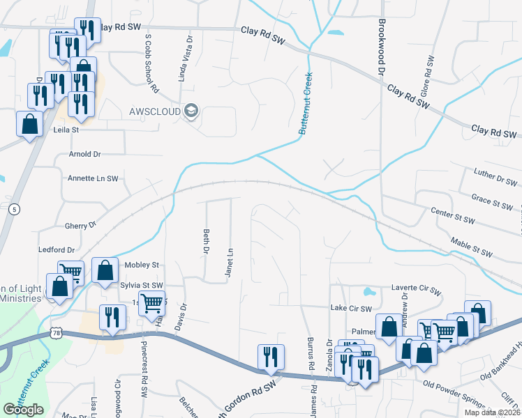 map of restaurants, bars, coffee shops, grocery stores, and more near 1594 Ribbon Mill Lane in Mableton