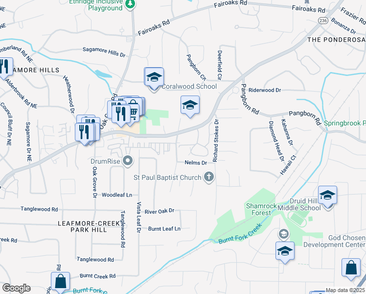 map of restaurants, bars, coffee shops, grocery stores, and more near 1389 Oakridge Circle in Decatur